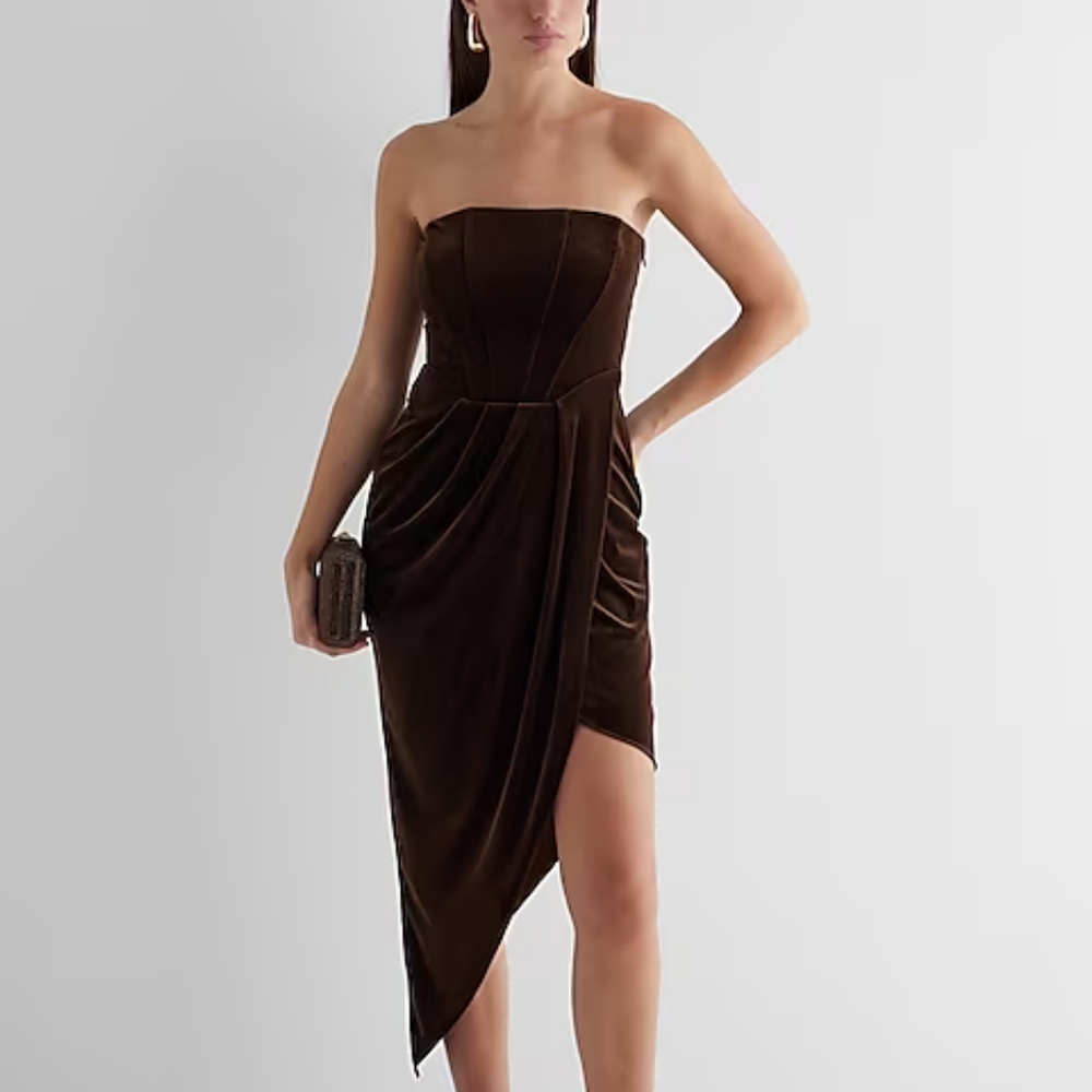Nwt express velvet strapless corset asymmetrical tube top dress small brown